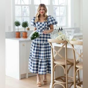 Hunter Bell Cassidy Blue and White Gingham Midi Dress Size 2